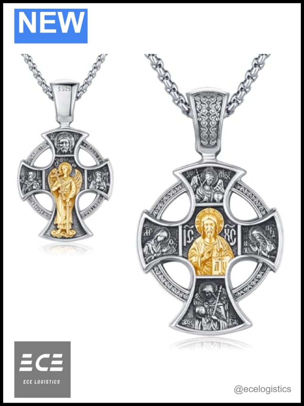 S925 Sterling Silver Gold Plated Four Way Medal Necklace Rolo Chain 22 In